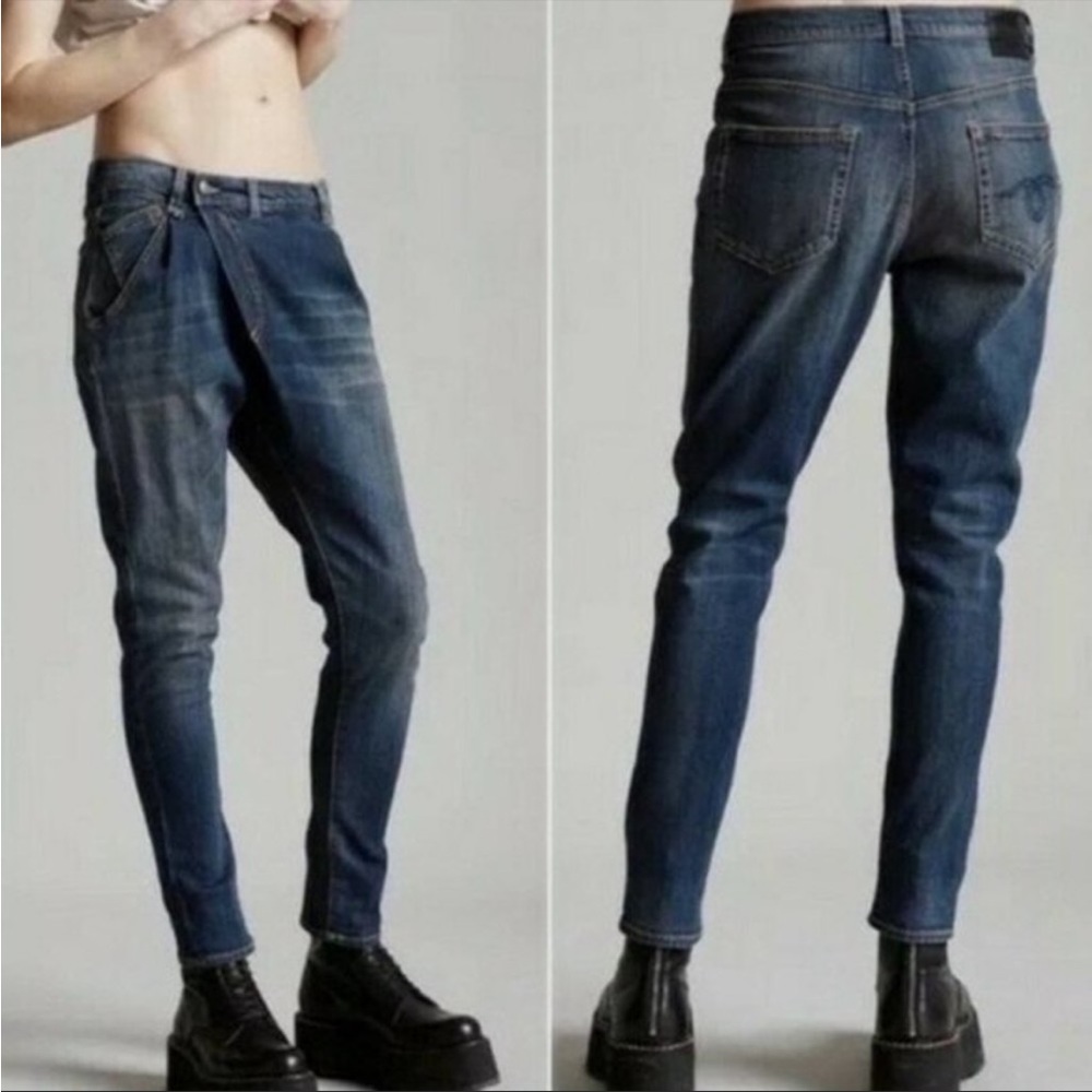 R13 X-Over CrossOver Denim Vinyage Dark Slouchy Stretch Asymmetric Jeans Size 25